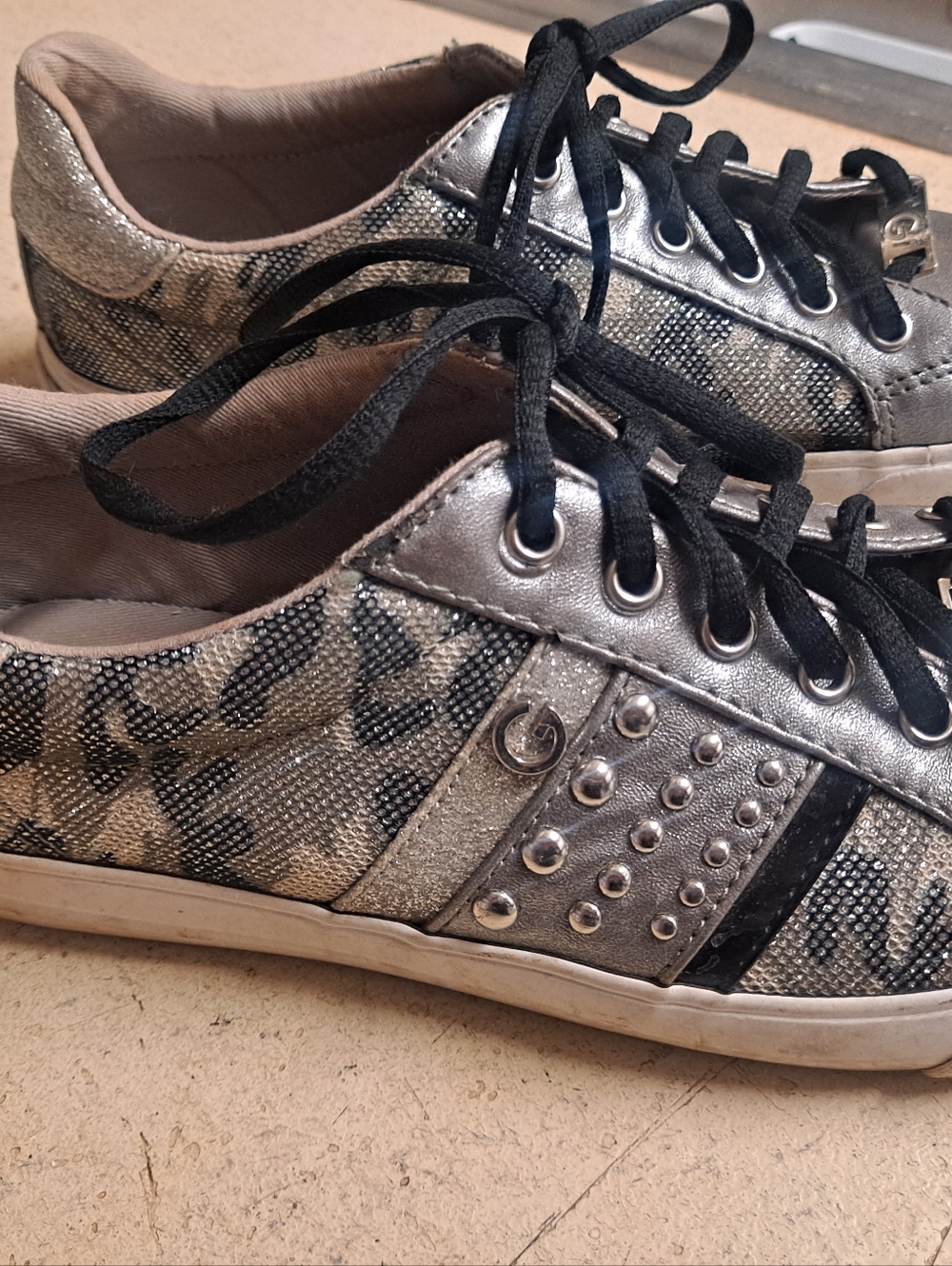 Guess Metallic Silver Leopard-Print Sneakers with Black Laces